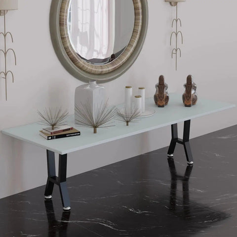 Built To Last 15 Inch Metal Table Bench Legs H Shape Two Pack For DIY Furniture installed as console table with decor.
