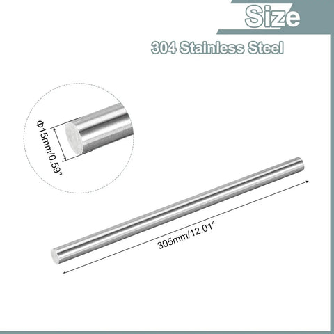 304 Stainless Steel Rods From Uxcell 15mm Diameter 305mm Length Solid Round Lathe Bar Stock For Model Planes Cars Ships DIY Crafts Metalworking Durable 304 Stainless Steel Rod, showing size dimensions