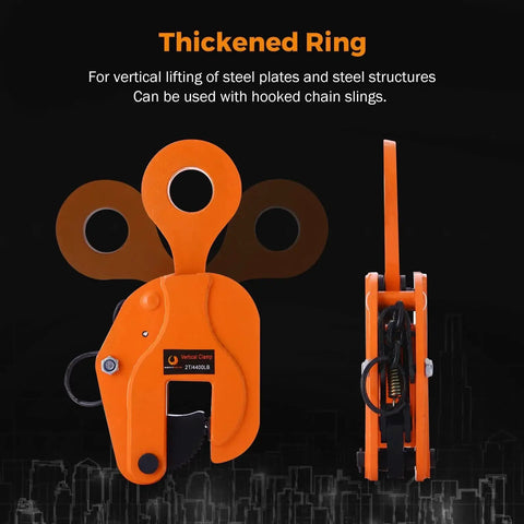 Front and side view of Vertical Plate Lifting Clamp 2 Ton 4400 Lbs for Sheet Metal Heavy Duty Lift, orange with thickened ring.