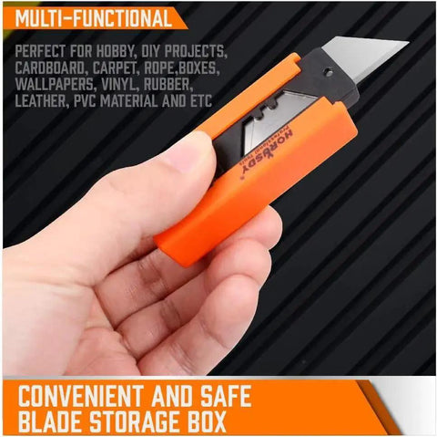 Hand holding a box cutter knife with orange aluminum handle and retractable SK5 blade, labeled '4 Pack Heavy Duty Box Cutter Knives With Aluminum Handle Retractable Blades SK5'.