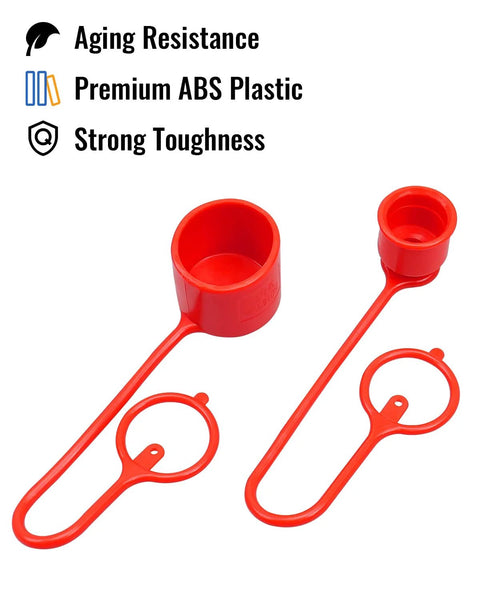 Red 1/2 in flat-face hydraulic quick-connect dust caps with lanyards; two caps and two tether rings.