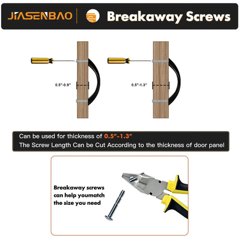 Diagram of breakaway screws, showing adjustable lengths for door panels between 0.5 to 1.3 inches, with cutting tool.