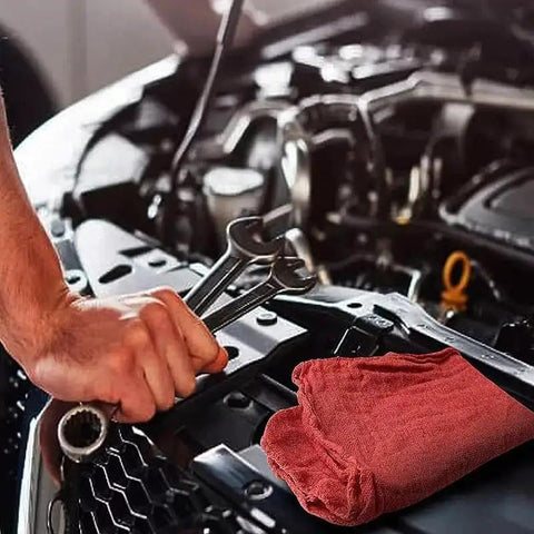 Person working on car engine with Auto Mechanic Shop Towels 13 By 14 Inches 12 Pack Red 100 Percent Cotton Commercial Grade Rags nearby
