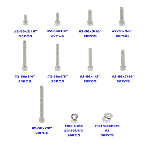 304 Stainless Steel Socket Knurled Head Cap Screws Size 2 56 UNC, 320 Piece Hardware Kit with Hex Nuts and Flat Washers.
