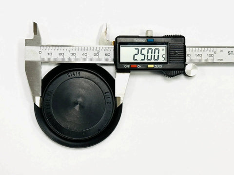 Caliper measuring Hole Size Two And A Half Inch Flush Mount Hole Plug In Black Plastic Body For Sheet Metal With A Three Inch Head Diameter