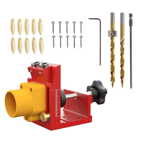 Pocket Hole Jig System With Aluminum Alloy Construction for Precise Cabinet Making and Woodworking, drill bits, and screws.