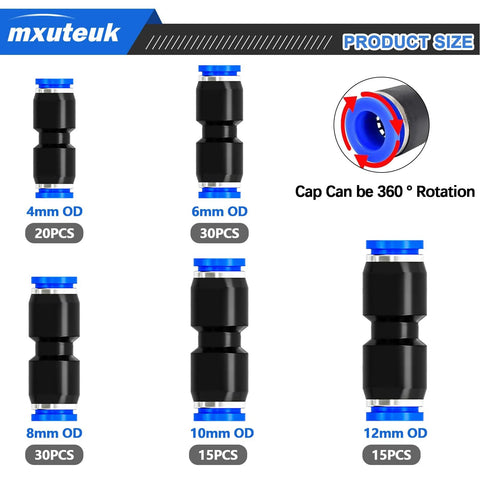 mxuteuk push-to-connect air hose fittings set, 4/6/8/10/12mm OD, black bodies with blue collars, 110pcs