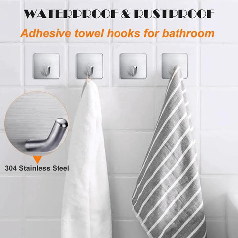 Heavy Duty Adhesive Towel Hooks 4 Pack Stainless Steel Self Adhesive Wall Hangers waterproof installed on tiled wall