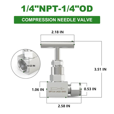 Heavy Duty High Pressure 304 Stainless Steel Needle Valve One Quarter Inch NPT Female To One Quarter Inch Tube Outer Diameter