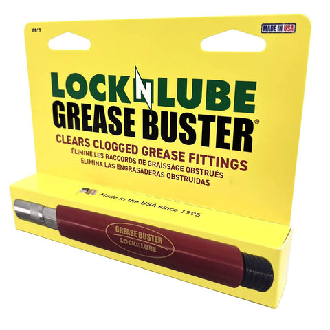 Grease Buster by LockNLube - red handheld grease cleaner for fittings on yellow display card
