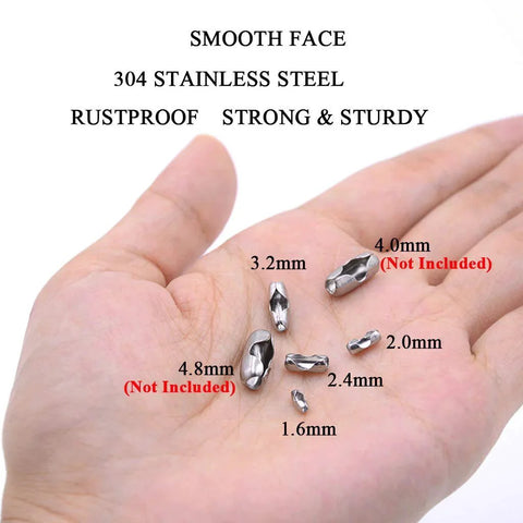Hand displaying 80 Pieces Stainless Steel Ball Chain Connectors Clasp Set for 1.6mm, 2.0mm, 2.4mm, 3.2mm chains, made from 304 stainless steel.