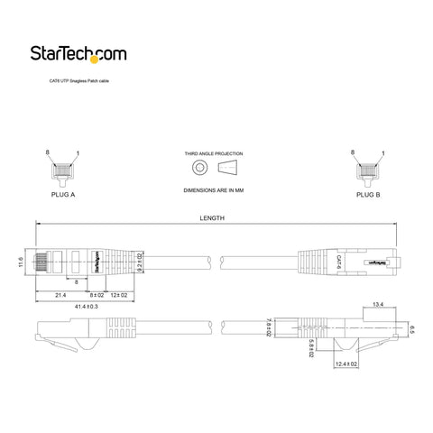 Technical drawing of 12Ft Cat6 Ethernet Patch Cable Black Snagless With Strain Relief 250MHz 24AWG Copper RJ45