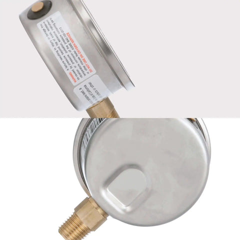 Side view of Industrial Pressure Gauge With Two And A Half Inch Dial, A Real Workhorse, Liquid Filled Brass Internals In A Stainless Steel Case