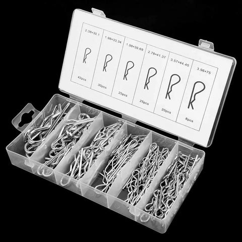 150 Pcs R Clip Cotter Pin Set With 6 Sizes In Plastic Box For Automotive Mechanics Tractor Hitch Pin Hairpin Fastener Car Truck Lawn Mower Repair And Heavy Duty Quick Secure Pins visible in open plastic box with divided compartments.