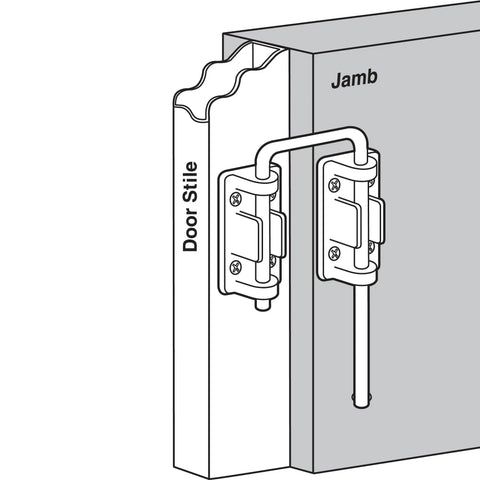 Diagram of Patio Sliding Door Loop Lock U 9846 with 1-1/8 inch hardened steel bar and diecast base nickel plated installation.