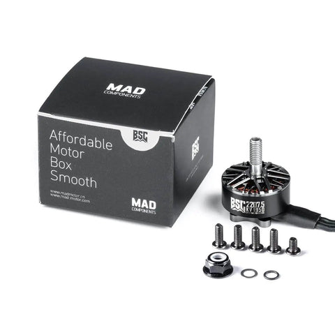 2100KV FPV Motor For 5 Inch Drones, 2207.5 size, N52H magnets, 6S compatible, motor with screws and box displayed