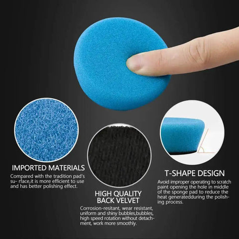 Close-up of blue foam pad from All In One Drill Polishing Kit with details on materials and T-shape design for car polishing waxing