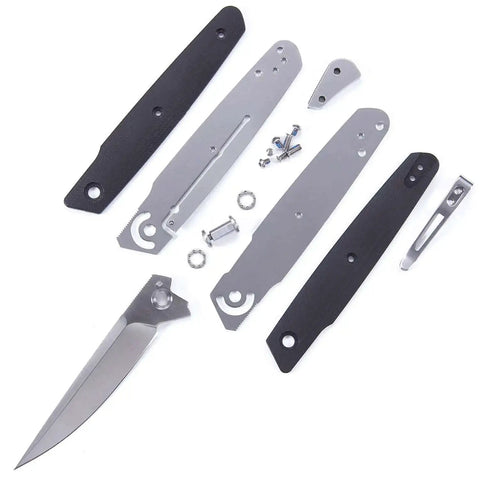 M63 DIY Folding Knife Kit With Dual Bearing Flipper Parts Kit Black G10 Handle Scales Gift Box Included laid out in pieces