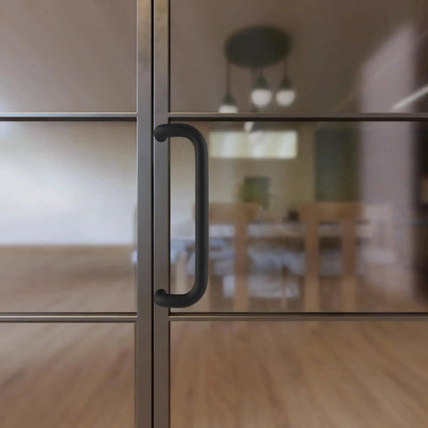 Aluminum Pull Handle 10 Inch Length, 9 Inch Center To Center, 1 Inch Diameter, Matte Black Finish on glass door