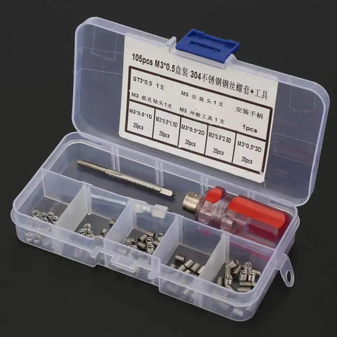 Pro Grade Stainless Steel Thread Inserts Repair Kit For Damaged Threads, Wire Insert Screws And Sleeve Set For Bolts And Metal Fasteners, Aluminum And Steel, M3 x 0.5 Box, 105 Pieces, open box showing contents