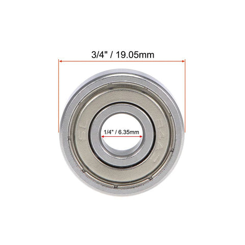 Deep groove ball bearing, 1/4 in bore, 3/4 in outer diameter, shielded steel bearing.