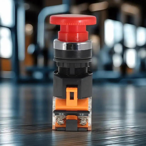 Emergency Stop Button Switch With Red Mushroom Head 22mm NO NC Spring Return on a dark reflective surface