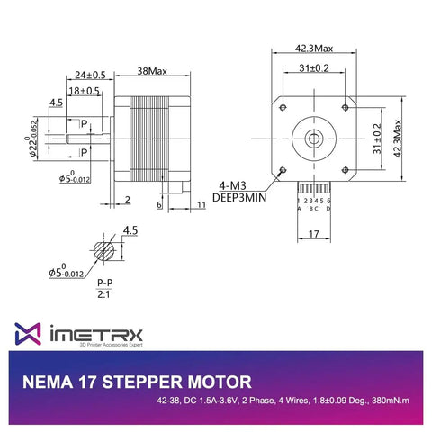 Technical drawing of 5 Pack Nema 17 Stepper Motors 42x40mm For 3D Printers And CNC Extruders With 39.3 Inch Cable