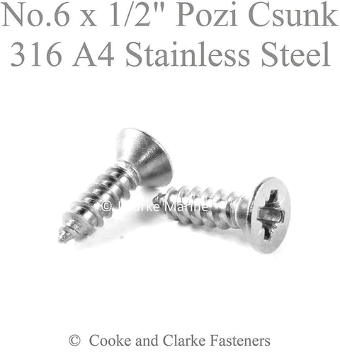 Stainless steel No. 6 x 1/2 inch Pozi Csunk screws, two screws shown with crosshead details, by Clarke Marine