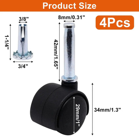 Plastic Casters Set Of 4 With M8 Grip Neck Stem 1 Inch Nylon Swivel Caster Wheels shown with dimensions on white background