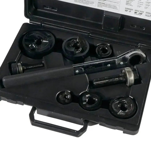Knockout Punch Set With Wrench For Electrical Conduit One Half Inch To Two Inch Sizes Includes Punches Dies Draw Studs And One Inch Ratcheting Wrench For Pro Grade Cutting Ten Gauge Steel Aluminum And Fiberglass On The Job in case