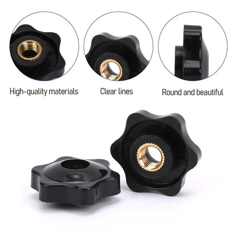 Set Of 10 Six Star Knobs 1/4-20 Hex Head T Knobs For Clamp Jigs And Fixtures, front view showing brass-insert details.
