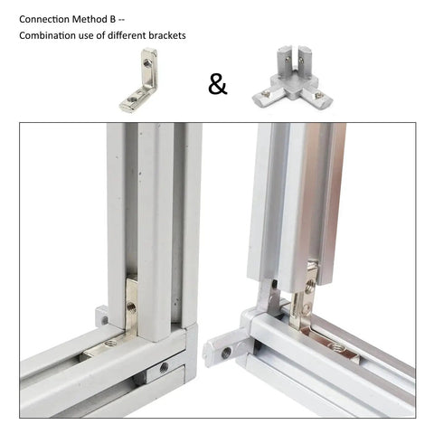L Shape Corner Connector Bracket Set For 20x20 Aluminum Extrusion Profiles 6mm Slot installed on frame, showing combination use.