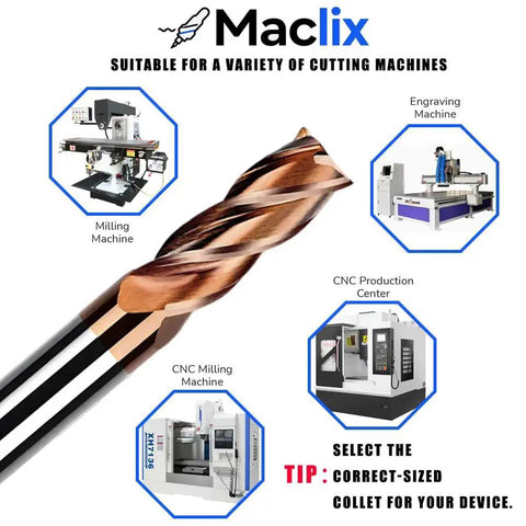 Quarter Inch Carbide End Mill Set For CNC Machining, Four Flutes, milling tools and machines, compatible with various materials, Maclix brand.