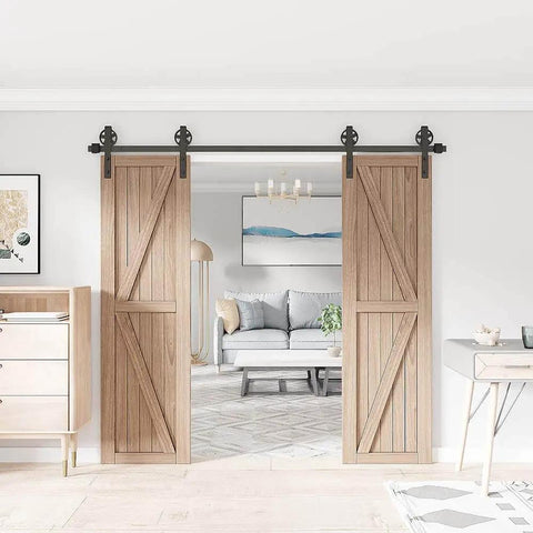 Heavy Duty Sliding Barn Door Hardware Kit For Wood Doors Double Track With Big Spoke Wheel Rollers Black Powder Coated Steel