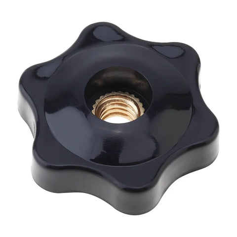 Close-up of Must Have Ten Pack Six Star Knobs With One Quarter Inch Twenty Female Threads showing brass insert and black finish.