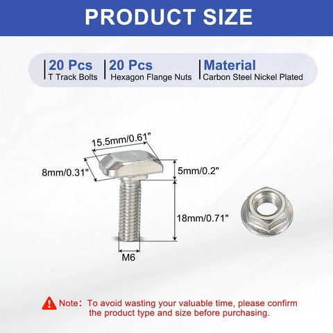 Beefy M6 X 20mm T Slot Bolts Kit With Hammer Head Drop In Bolts And Hex Flange Nuts for 30 Series Aluminum Extrusion size chart
