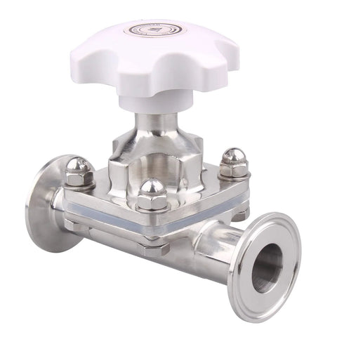 Front view of sanitary diaphragm valve with white handwheel, stainless steel 316L body, tri-clamp ends.