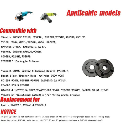 Grinder Flange Wrench And Lock Nut Kit For 4.5 Inch To 5 Inch Angle Grinders With 5/8-11 Threads Includes One Wrench Three Inner Nuts Three Outer Nuts Compatible With Makita Milwaukee Bosch Black And Decker Ryobi