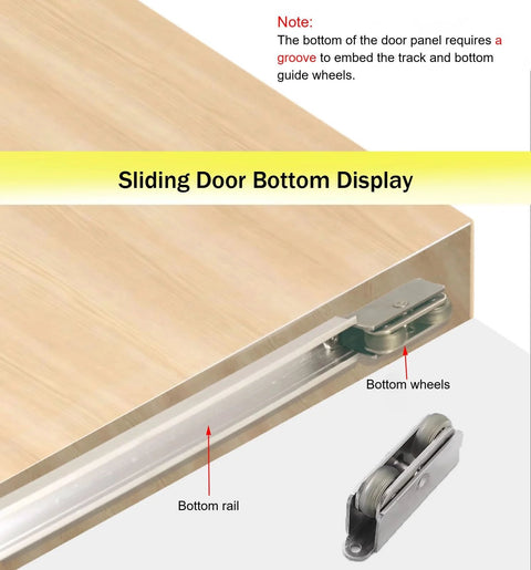 Trackless Invisible Sliding Ghost Door Kit With Soft Close hardware showing bottom rail and wheels in aluminum frame.