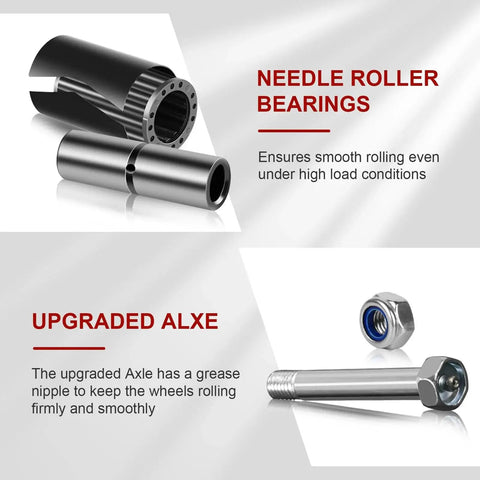 Five Inch Heavy Duty Caster Wheels Set Of Four With Polyurethane Tread On Steel Wheel Half Inch Bore 1000 Lb Per Wheel 4000 Lb Total Load Replacement Caster Wheels For Industrial Carts parts showing needle roller bearings and upgraded axle with grease nipple.