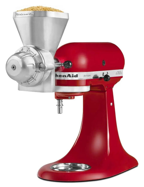 All Metal Grain Mill Attachment For Stand Mixers Lets You Grind Fresh Flour From Wheat, Corn, Rice And More From Coarse To Fine, Fits KitchenAid Models Including KGM, Includes Cleaning Brush installed on red KitchenAid mixer