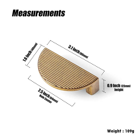 Antique Brass Zinc Alloy Cabinet Pulls 2.5 Inch Hole Center 64mm Striped Decorative Handles dimensions and weight view