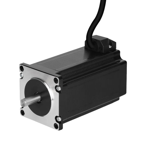 BESJMYT 57 NEMA 23 stepper motor, black aluminum housing with silver front plate and attached cable.