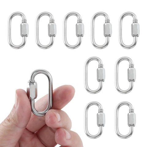 Hand holding 304 Stainless Steel D Shaped Locking Quick Link Carabiner Set Of 10, Heavy Duty Secure Connector