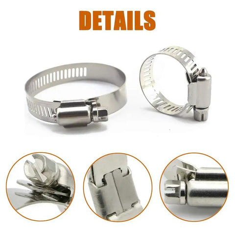 Close-up of Stainless Steel Adjustable Worm Gear Hose Clamp Kit For 27 To 102mm Range, highlighting clamp details and construction.