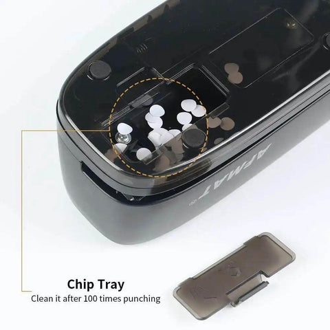 Top view of Electric 3 Hole Punch For Binders, 20 Sheet Capacity with open chip tray, highlighting no fuss puncher design.
