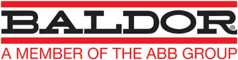 Baldor logo, a member of the ABB group, text in black and red.