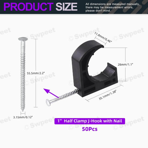 Black Half Clamp J Hook Nail Assortment Kit, 50 Pcs, Plastic Small J Clamps For PEX Tubing 1 Inch Pipe Support dimensions view