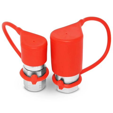 Flat Face 1/4 Inch NPT Hydraulic Quick Connect Couplers Set With Dust Caps, built for tough use, ISO 16028 interchangeability, close-up view.