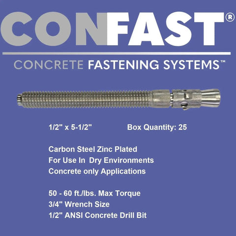 1/2 Inch By 5-1/2 Inch Wedge Anchor Zinc Plated For Concrete Dry Environments Box Of 25 Durable Expansion Anchor